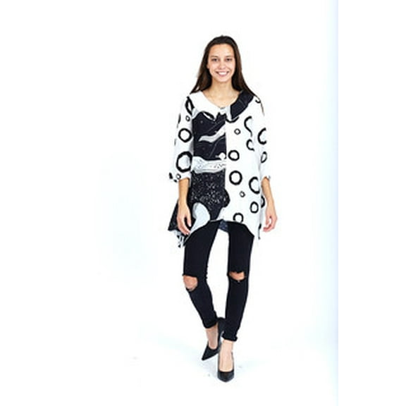 Fantazia Aparell Womens Black & White Geometric, Button Down , 3/4 Sleeves Blouse,Tunic,Tops.
