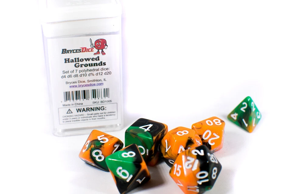 Hallowed Grounds Tri-Color Swirl Orange/Black/Green Dice Brycesdice Dnd