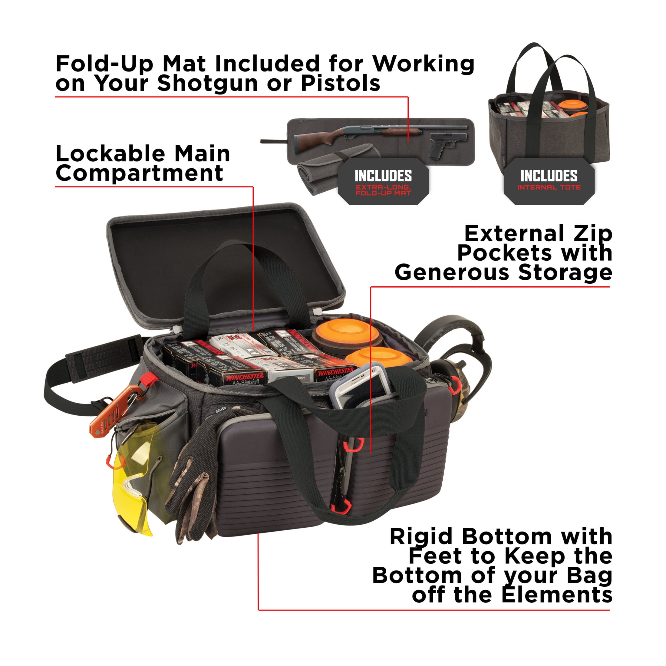 Allen Company Competitor Premium Molded Lockable Range Bag, Internal Tote & Fold-Up Gun Mat, Gray
