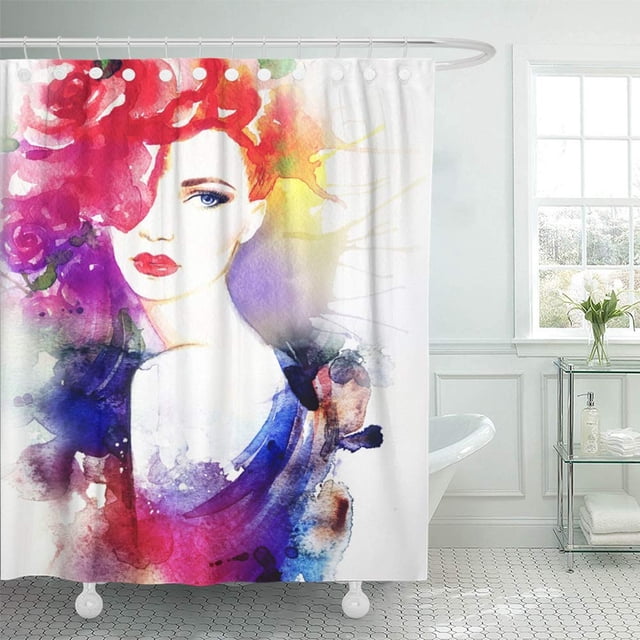 ABPHQTO Resumen hermosa mujer cara acuarela belleza accesorio artista negro Color en blanco baño cortina de ducha 165x180 cm ABPHQTO PKNMT66x72Shower-8681