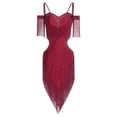 thumbnail image 3 of SiiRoh Women's Glittery Latin Dance Dress Asymmetrical Tassel Mini Dress Rumba Salsa Ballroom Dancewear Burgundy L, 3 of 5