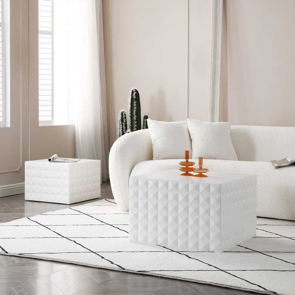 Nesting Coffee Table Set of 2, Matte White Square Wooden Coffee Tables