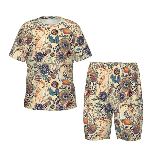 Balery Floral With Birds Conjunto de Pijama Infantil de Manga Corta con Estampado – Ropa de Dormir de Algodón Suave-Small