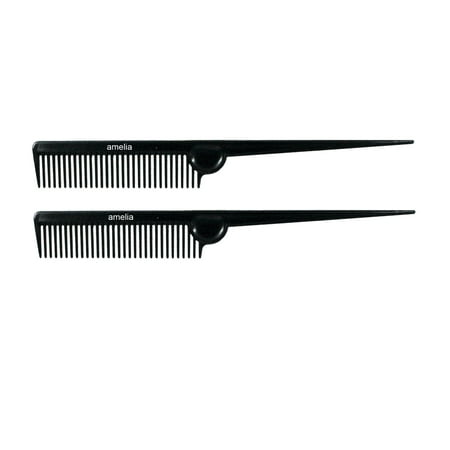 Amelia Beauty 8.5in Black Plastic Pin Rat Tail Standard Tooth Comb Made in USA Professional Grade Hair Comb Highlighting Sectioning & Styling Hair with Long Tail Tip Wet or Dry 8.5 x1 2 Pack