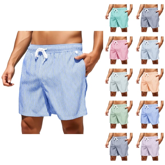 Mens Swim Trunks 2026 Summer Casual Strip Printed Loose Fit Elastic Waist Beach Shorts with Pockets Swim Shorts