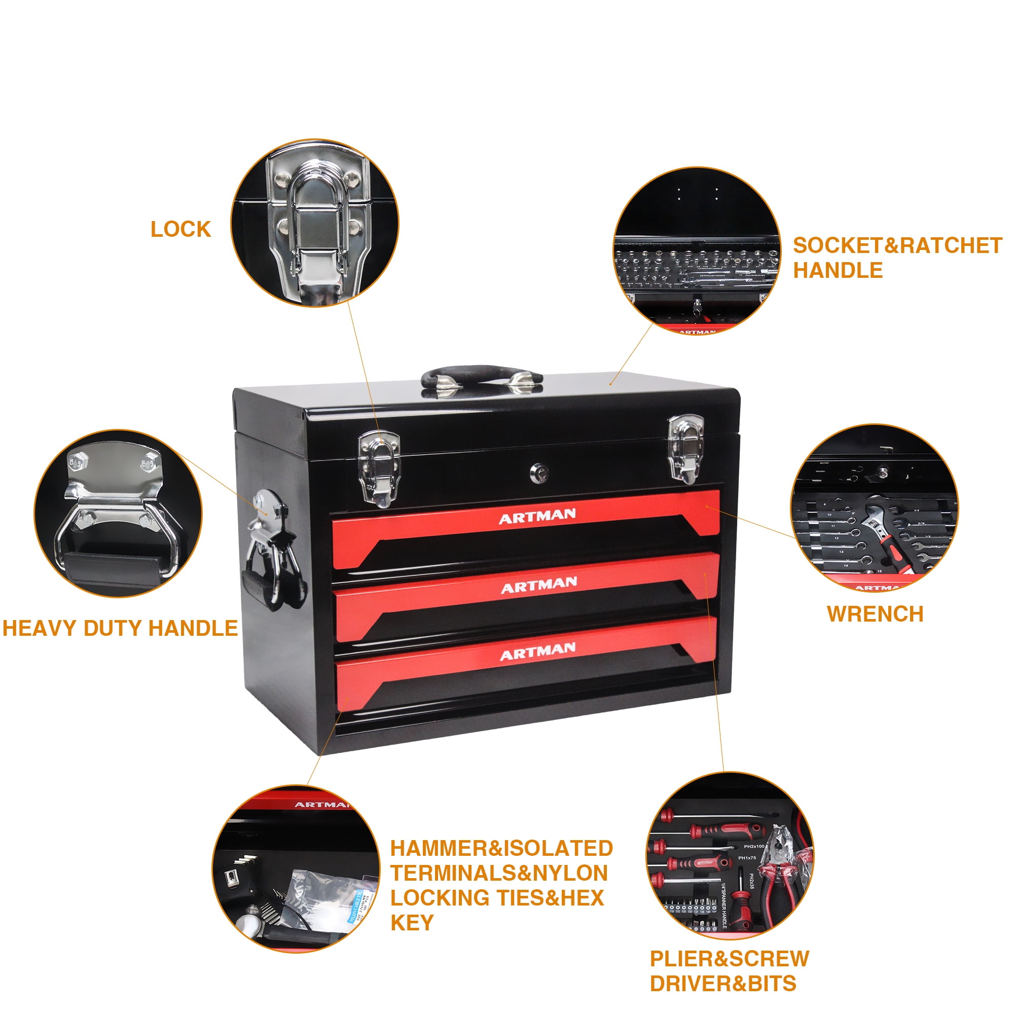 Aukfa 439-Piece Mechanics Tool Set, 3 Drawer Tool Organizer Metal Box w/ Tool Kit for Home, Auto Repair, Red