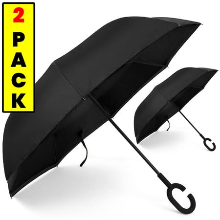 2 PACK: Double Layer Reversible Umbrella - Quick Dry Technology - UV Protection Layer - Windproof & Waterproof - Stands On Its Own - Convenient C (Best Windproof Base Layer)