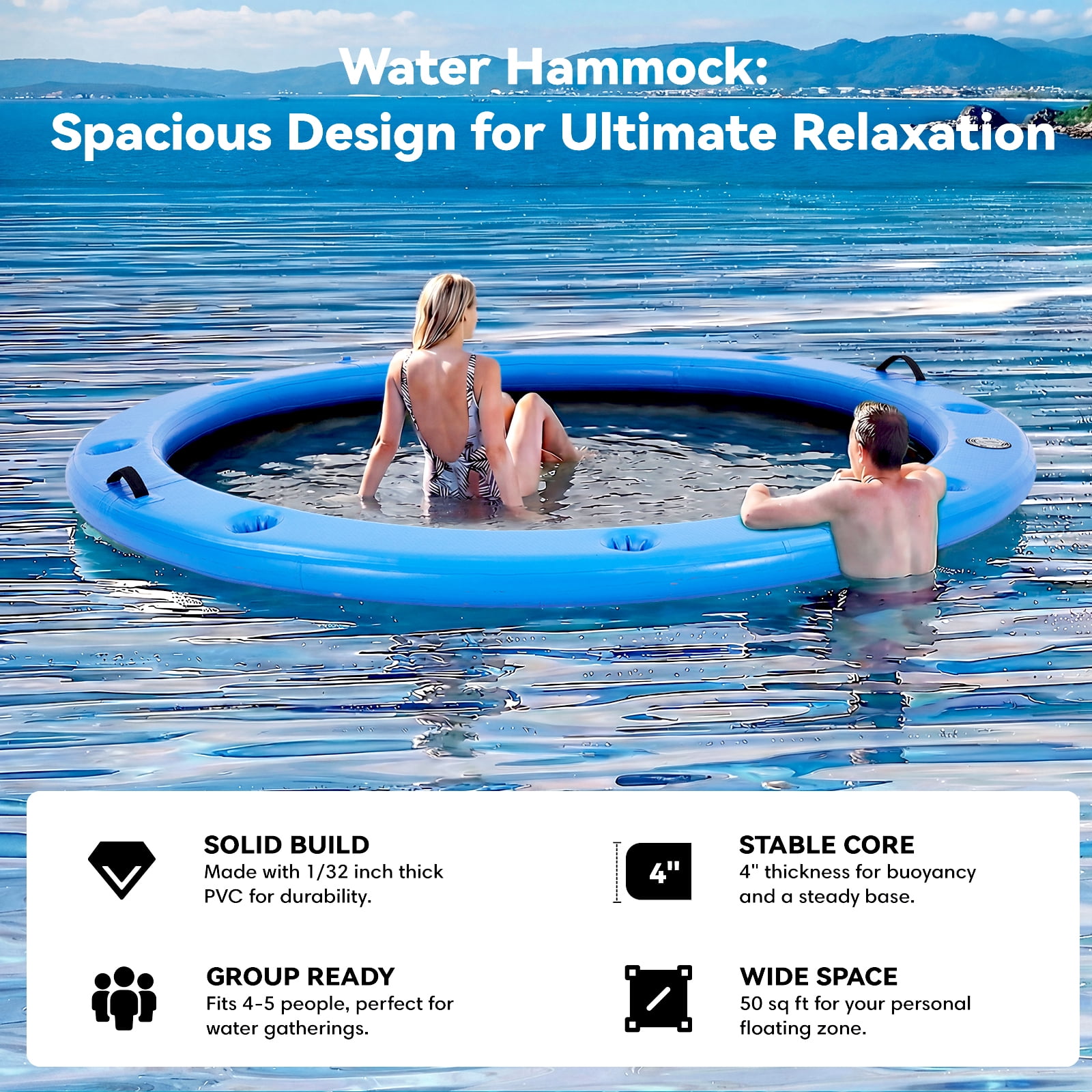 Danrelax 8' Round Inflatable Floating Dock with Cup Holders, Sunchill Float Ring, Hammock Tanning Pool with 4in Woven Fabric, Manual Pump for 1-2 Min Quick Inflate/Deflate, Fits 2-8, Ideal for Lakes
