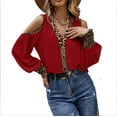 thumbnail image 3 of *  Cross-Border New Arrival  Leopard Splicing V-Neck Buttons Off-The-Shoulder Smocking Long Sleeve Women's Top In Stock, 3 of 3