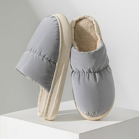 

Winter Couples Men Down Warm Home Baotou Soft Bottom Comfortable Solid Color Flat Cotton Slippers Gray 8.5