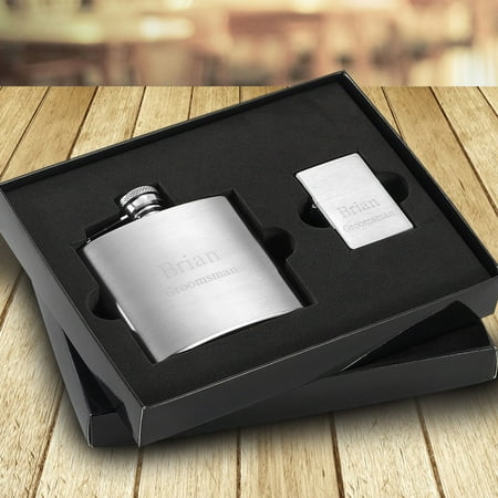 Personalized 4 oz. Brushed Flask and Lighter Gift Set