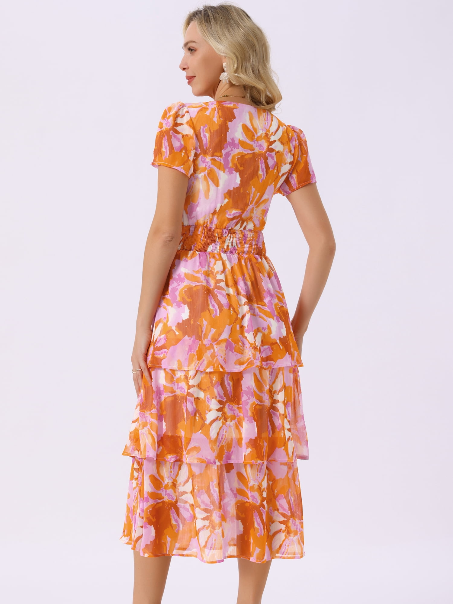 DARING DIVA Floral V Neck Short Sleeve Ruffle Tiered Midi Dress M Orange
