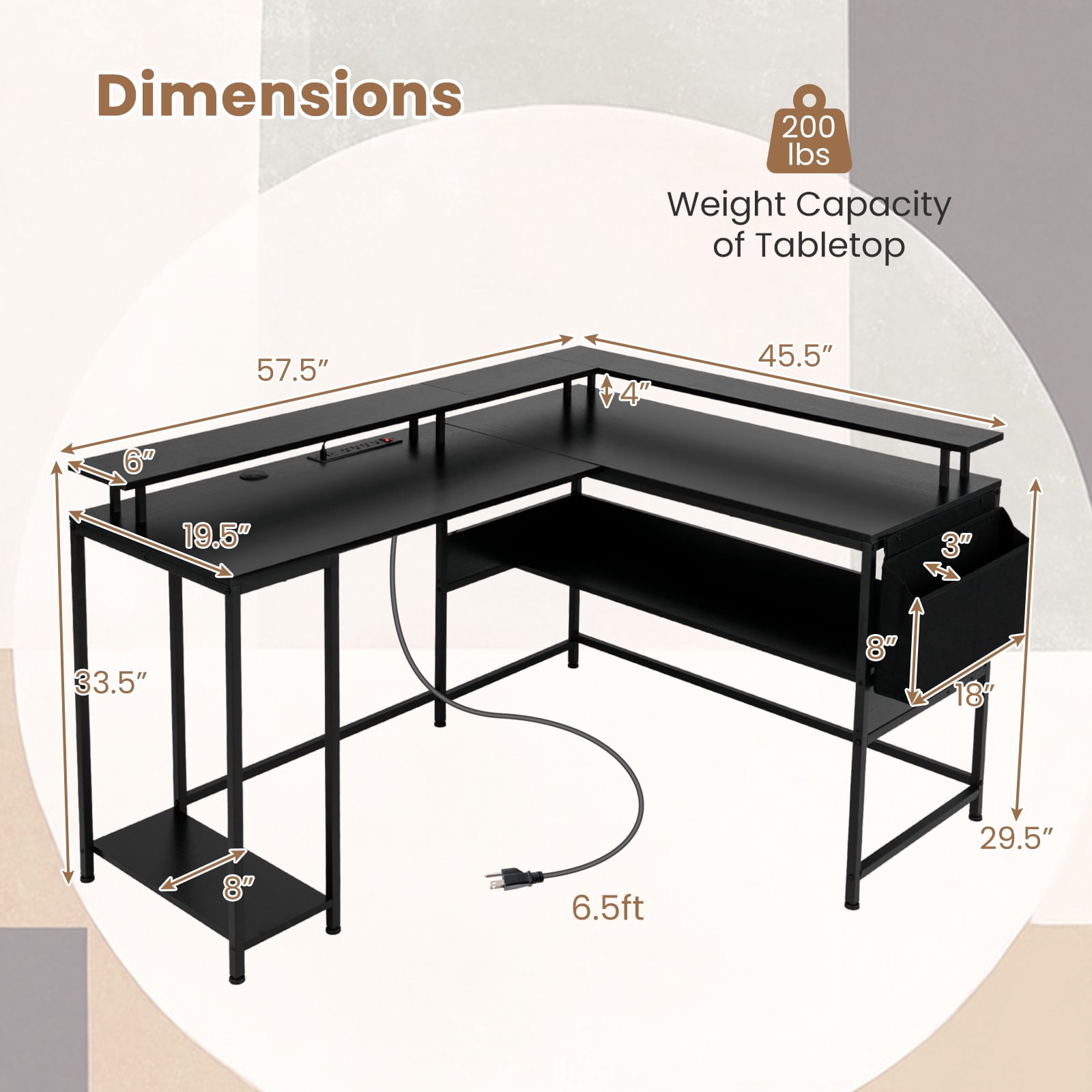 Gymax L-Shaped Gaming Desk w/ LED Lights & Power Outlets Monitor Stand Fabric Bag