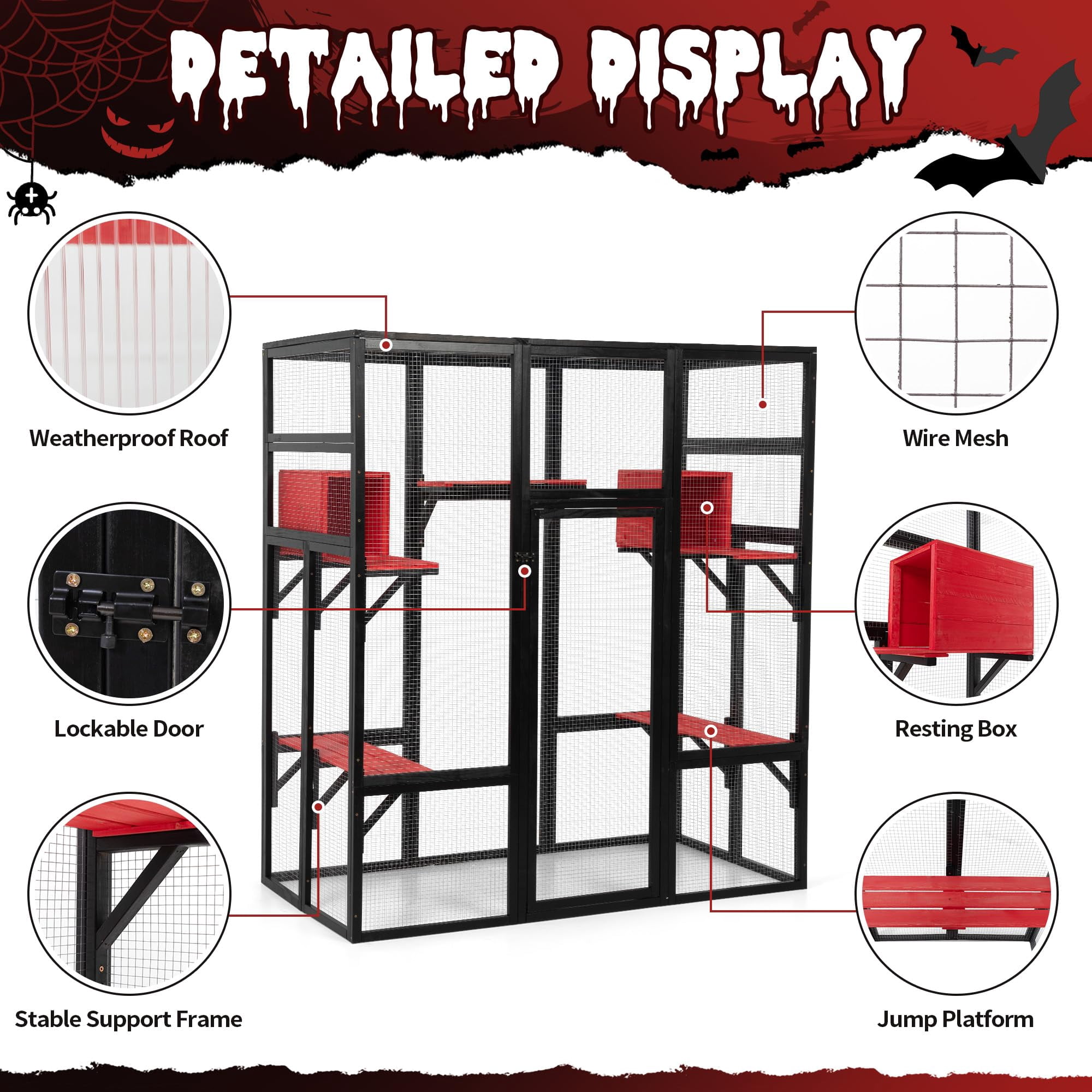 Large Wooden Catio Outdoor Enclosure for Cats with 7 Platforms 2 Resting Boxes, Spacious Indoor Cat Cage Waterproof UV Resistant Roof, Gothic Style, Black