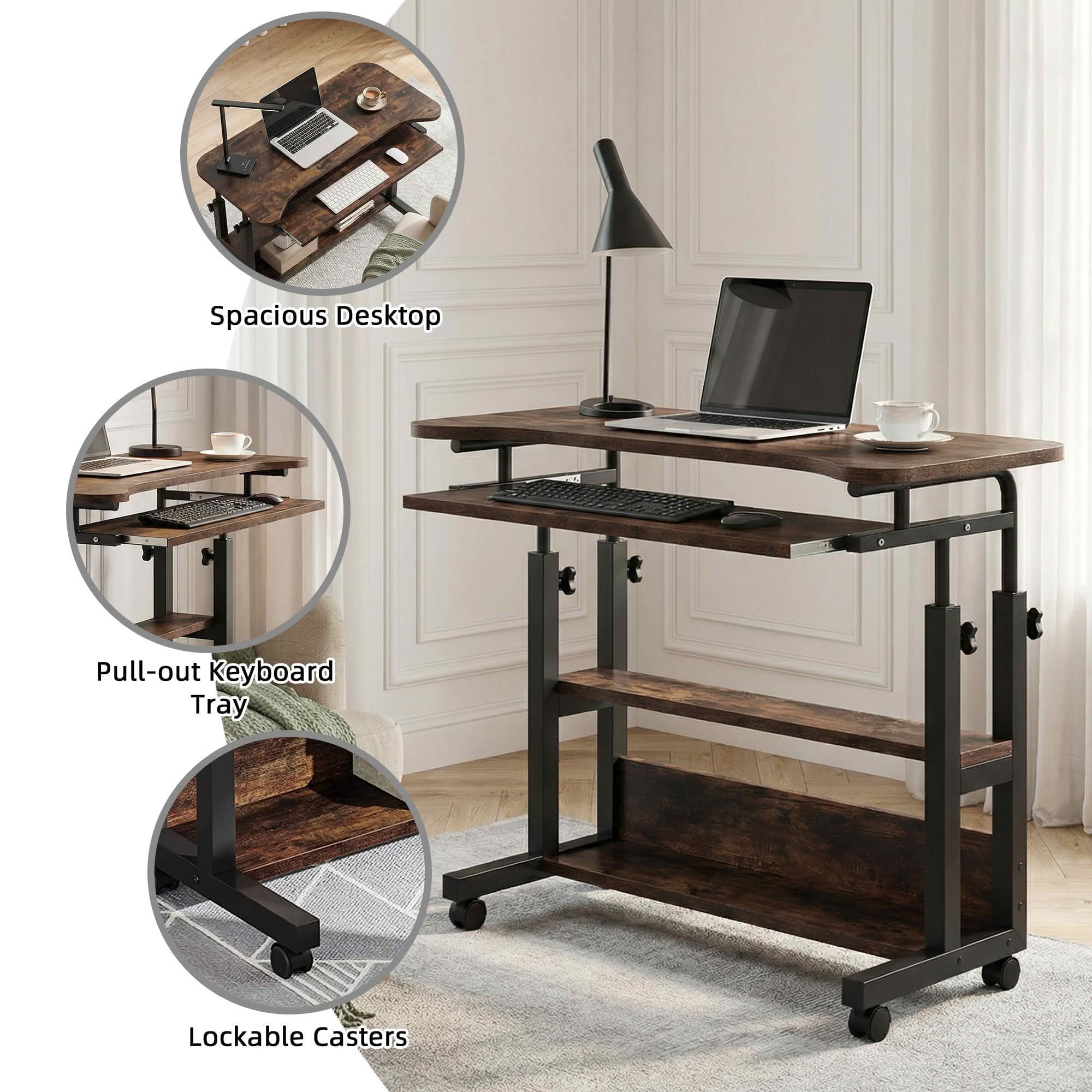 MAYEETY Height Adjustable Mobile Desk Wireless Charging Laptop Desk with Keyboard Tray