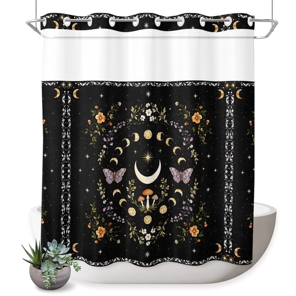 No Hook Shower Curtain, Mystic Plants Shower Curtains for Bathroom with See Through Top Window, Black Moon Botanical Floral Leaves Butterfly Waterproof & Washable Bath Curtain 66"x72"