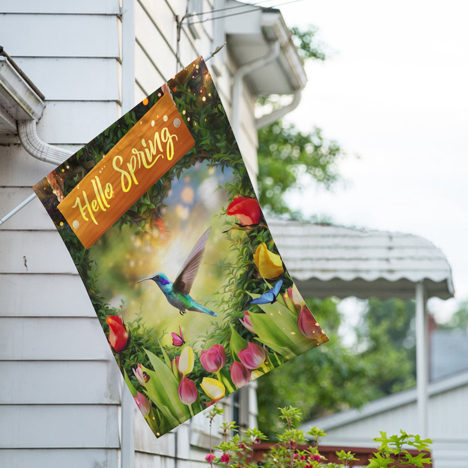America Forever Hello Spring House Flag 28 x 40 inches Double Sided Summer Bird, Colorful Flowers, Tulip - Seasonal Yard Lawn Outdoor Decorative Summer Hummingbird House Flag