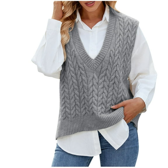 Olyvenn Women Loose V-Neck Sweater Vest, Sleeveless Cable Knit Casual Crop Sweaters Pullover Lightweight Comfy Daily Vest Tops Gray M