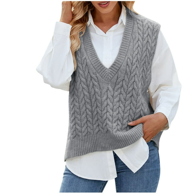 Xfvqtps Gilet Chandail Femme Mode Décontractée Style Coupe Ajustée Col en V Sans Manches Gilet Tricoté Haut Chandail
