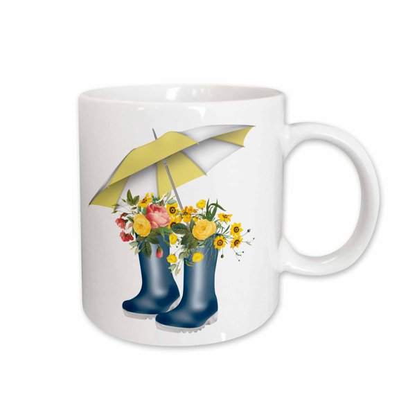 3drose, Pretty Flowers in Blue Rain Boots with a Yellow and White Umbrella, 11oz Mug