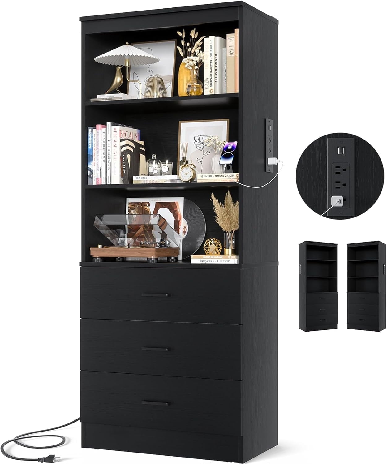 Homieasy 71" Tall Bookcases with 3 Large Drawers & 3 Shelves, Wooden Bookshelf for Living Room Office, with USB Ports & Outlets.Black