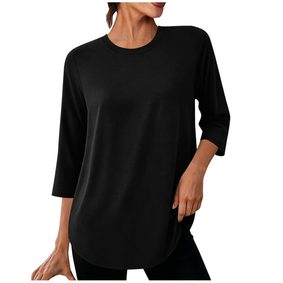 Hurxie Women Tops 3 Pack 3/4 Sleeve Crewneck Cute Basics Tees Casual Fashion Summer Spring T Shirts Business Work Tee Top Black,L
