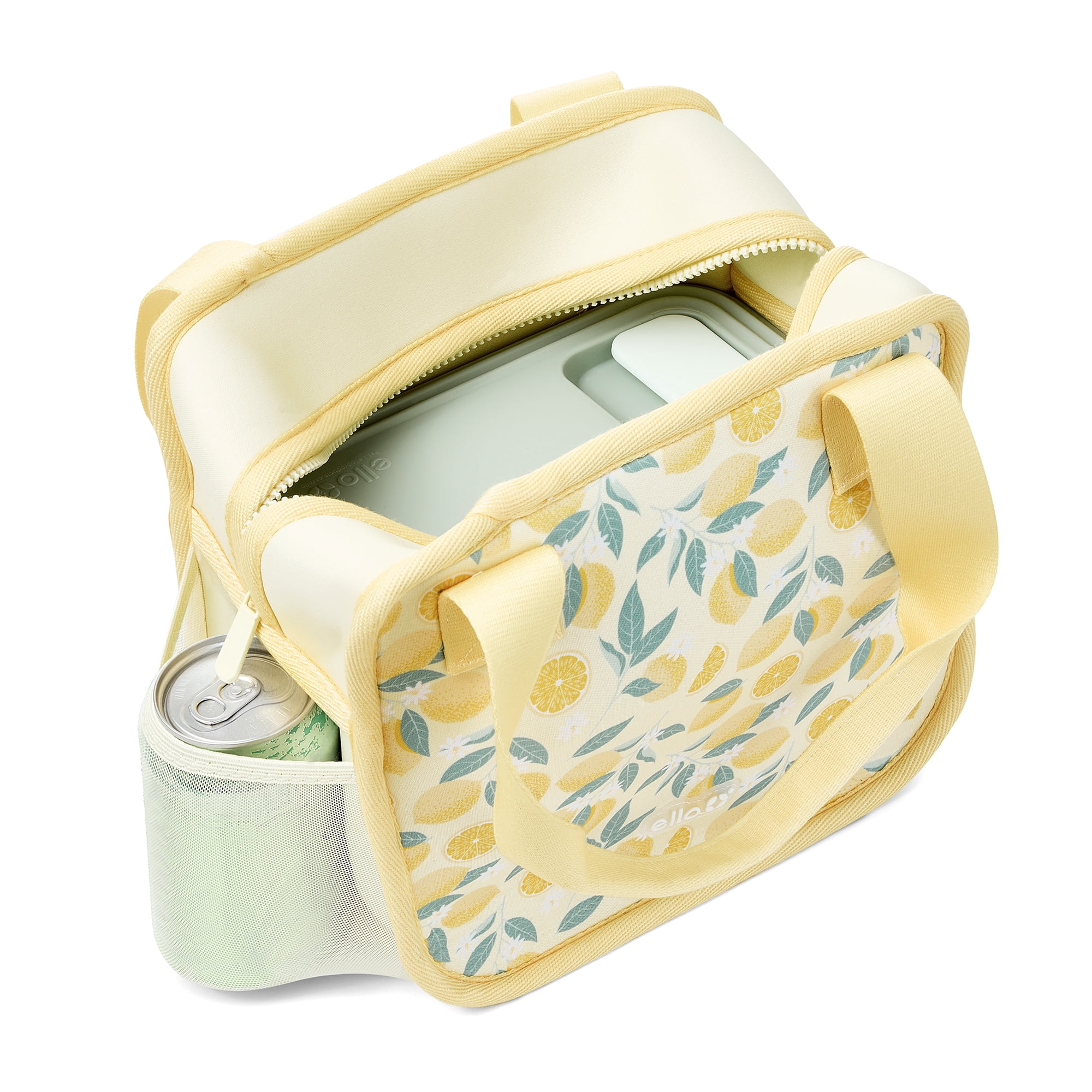 Ello Lunch Tote | Reusable Zippered Lunch Bag | Neoprene, Machine Washable with Pockets | Fits Most Meal Prep Containers | for Work, School & Travel | Yellow Lemons
