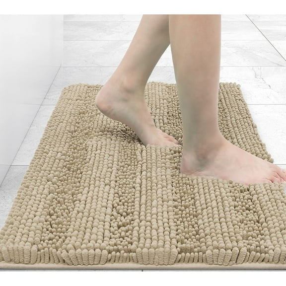 Buganda Chenille Striped Bathroom Rugs, Extra Soft and Absorbent Bath Mats, Anti-Slip Shaggy Bath Carpets, 20x30, Beige