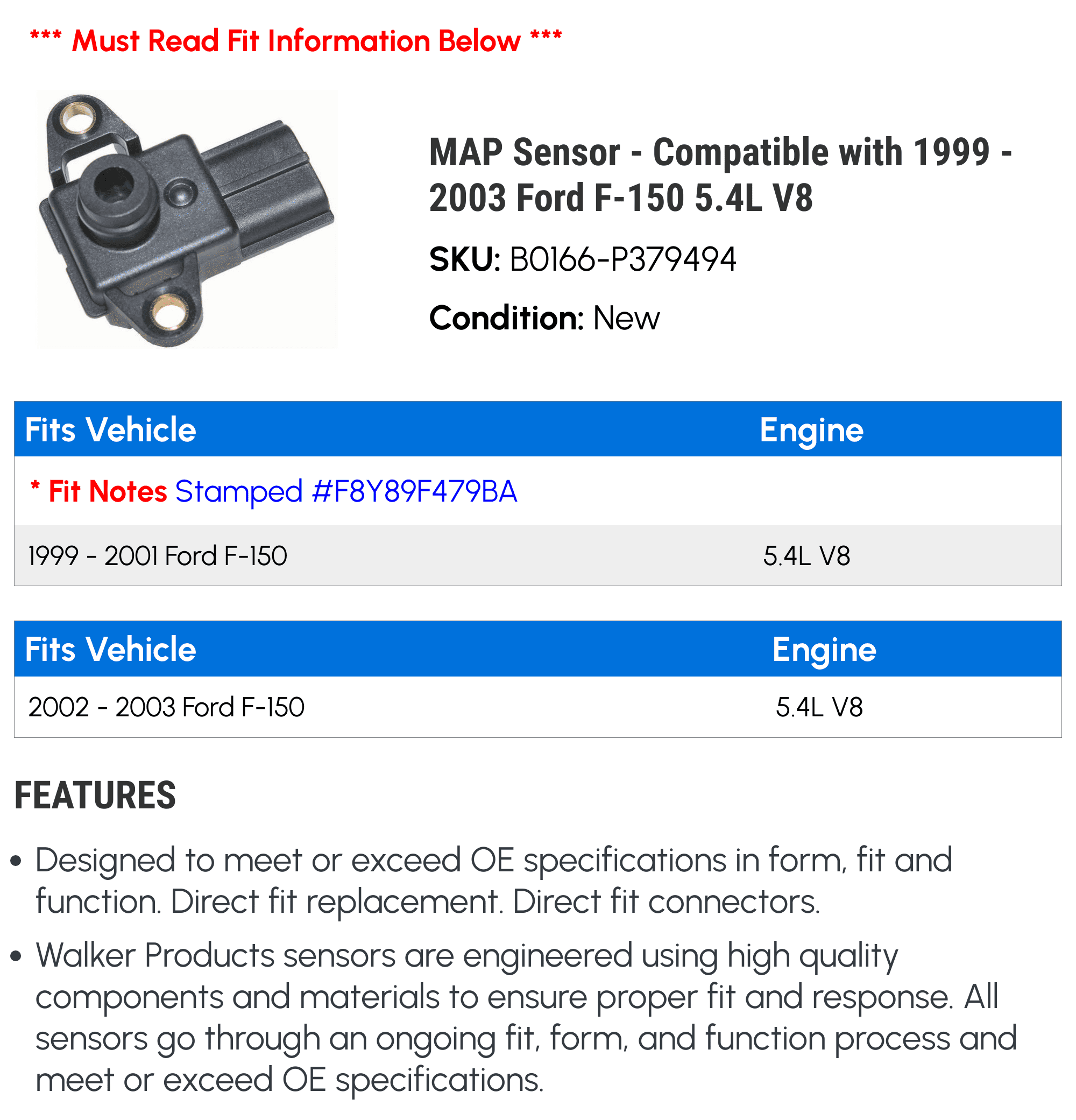 MAP Sensor - Compatible with 1999 - 2003 Ford F-150 5.4L V8 2000 2001 2002
