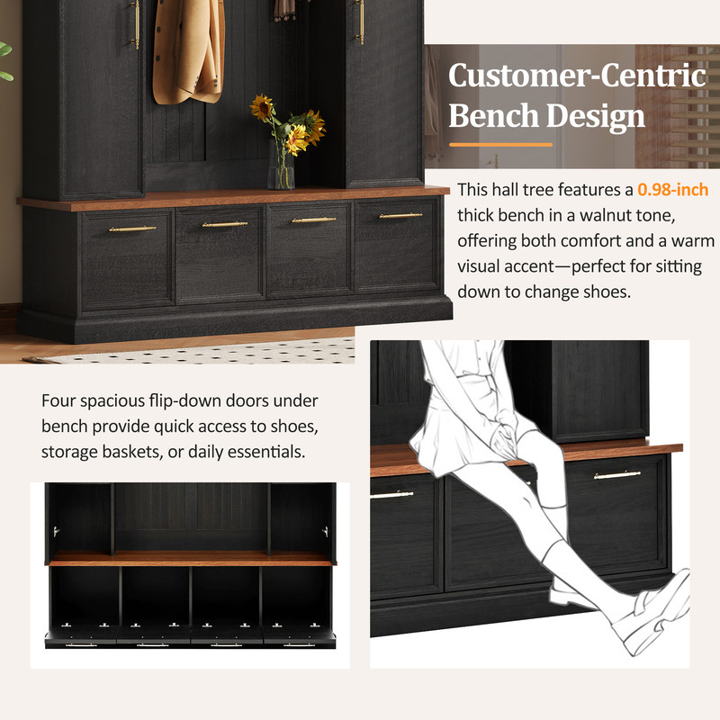 76.7''H Tall Hall Tree with Golden Hooks & Handles, Entryway Large Shoe Storage Bench with Cabinets & Adjustable Shelves