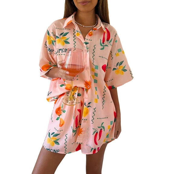Michellecmm Women Pajama Set, Printed Short Sleeve Button Closure Shirt Shorts
