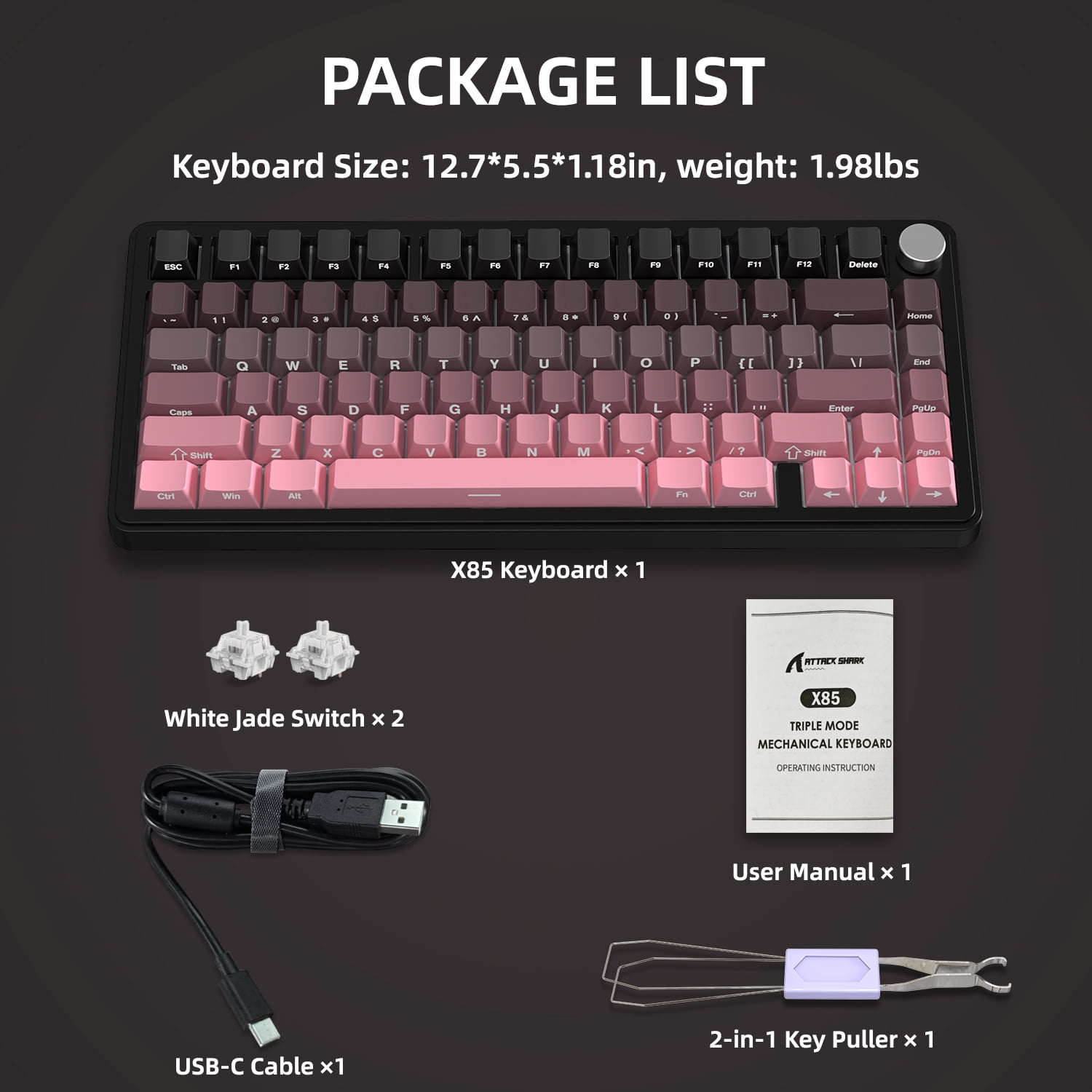ATTACK SHARK X85 Wireless Mechanical Keyboard, 75% Gasket-Mount, 82 Keys, Tri-Mode Bluetooth/2.4GHz/Wired, Hot-Swappable, RGB Backlit, Knob, for PC/Mac, Pink