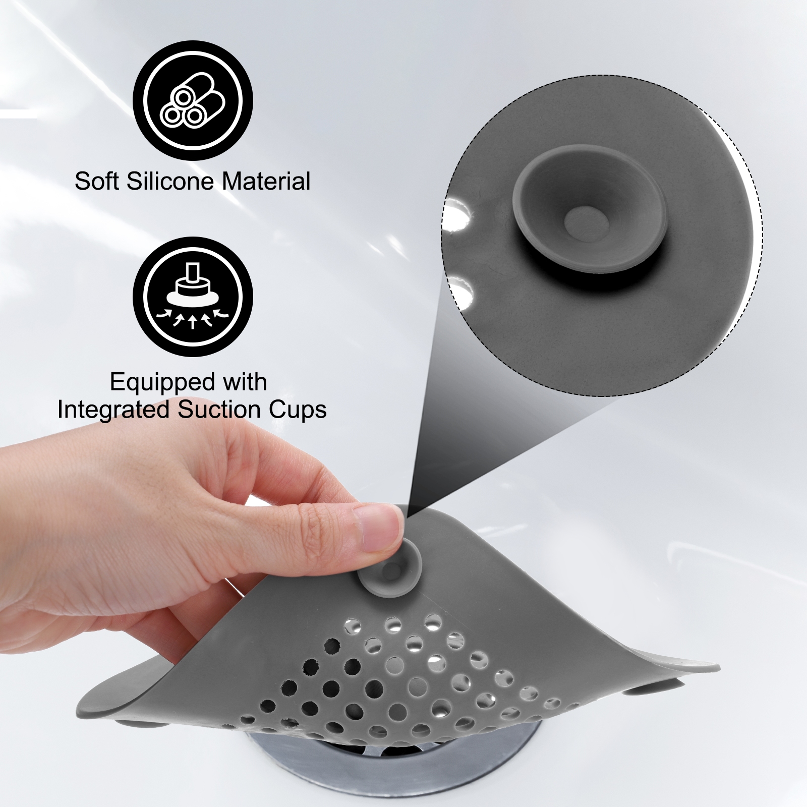 Unique Bargains Shower Drain Hair Catcher Silicone Strainer for Bathroom 5.7" Grey 5Pcs