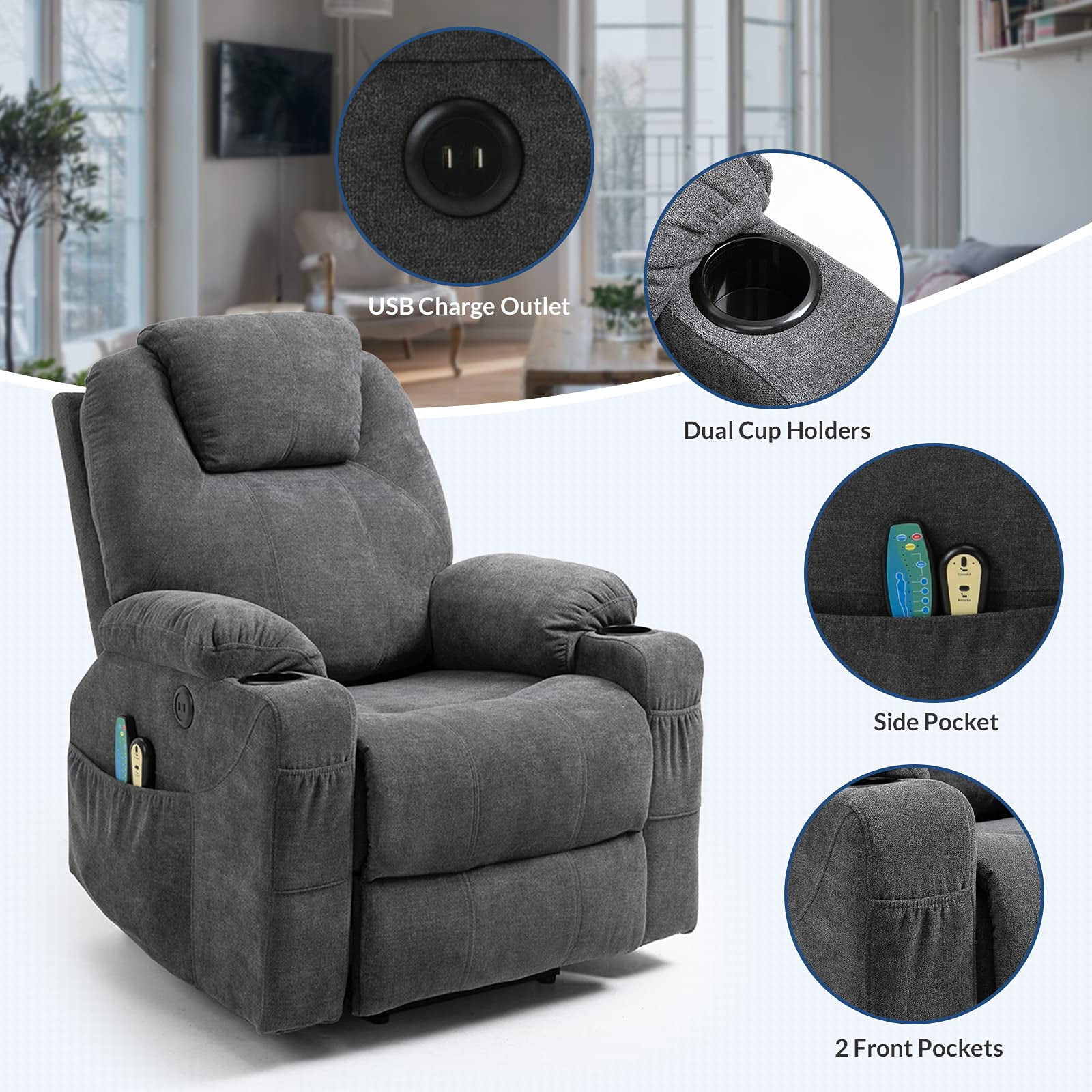 SOCIALCOMFY Power Lift Recliner Chair for Elderly, Heavy Duty Lift Chair with Heat and Massage, Soft Fabric Recliner Chair with 2 Remote Controls, Cup Holders, Side Pockets & USB Ports (Grey)