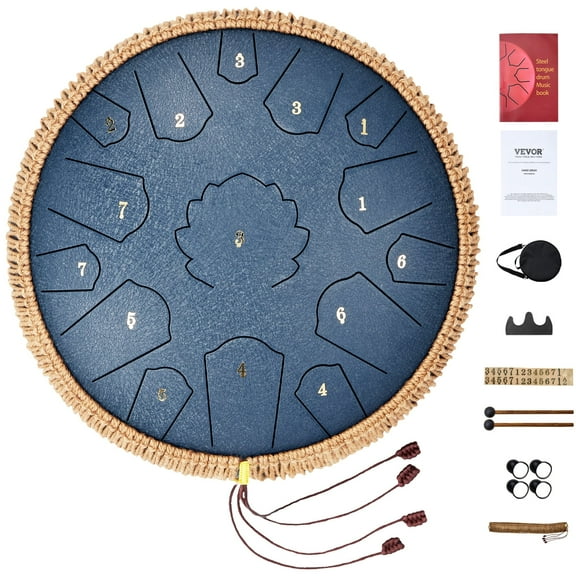 VEVOR Steel Tongue Drum, 14 in & 15 Notes, Rain Drum for Outside Garden, D Major Key, Tank Drum with 2 Mallets & Carry Bag, Hand Pan Drum Percussion Instrument for Musical Education Yoga, Navy Blue