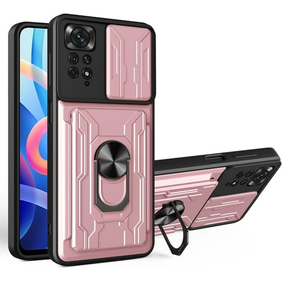 Case for Xiaomi Redmi Note 11 4G with Card Holder, Heavy Duty Protection Phone Case with Magnetic Ring Kickstand Slide Camera Cover for Xiaomi Redmi Note 11 4G/Note 11S 4G LJK Rose Gold