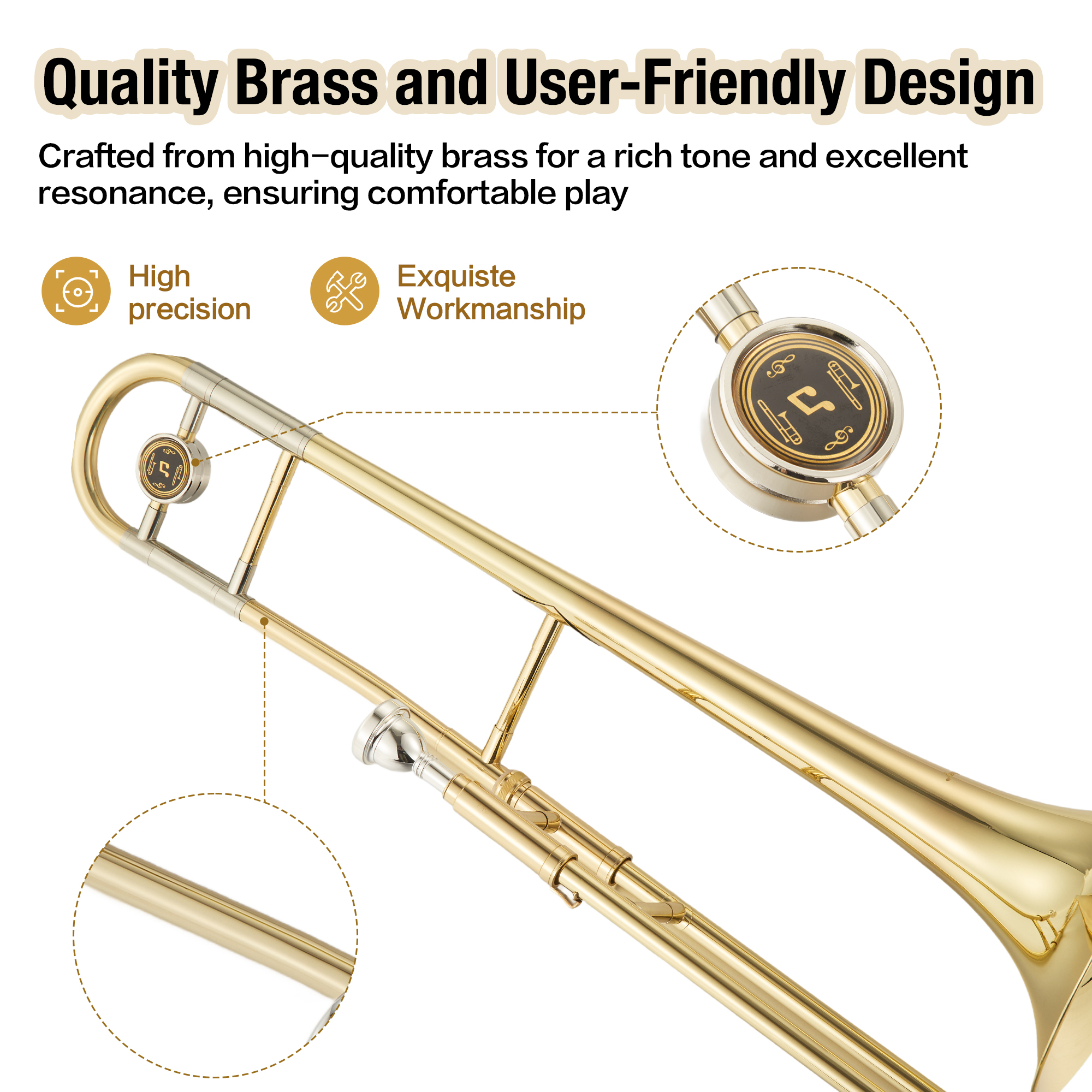 Bb Tenor Slide Trombone, B Flat Brass Plated Trombone Instrument for Students with Tuner, Music Book, Hard Case, Mouthpiece, Cleaning Kit & Gloves (Gold)