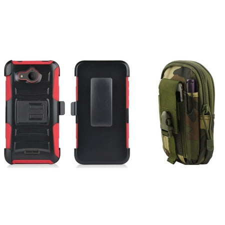 Heavy Duty Rugged Dual Layer Armor Kickstand Case with Belt Clip Holster (Red/Black) with Jungle Camo Tactical EDC MOLLE Belt Bag Pouch and Atom Cloth for Alcatel