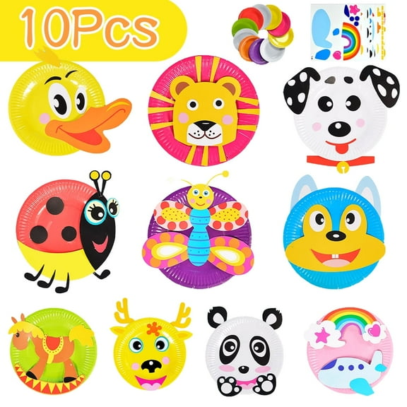 LNGOOR 10 Pcs Paper Plate Art Kit for Girl Boy, Toy DIY Animal Art Supply Projects Toddler Creative Activity Children Preschool Classroom Party Favor, Pattern B