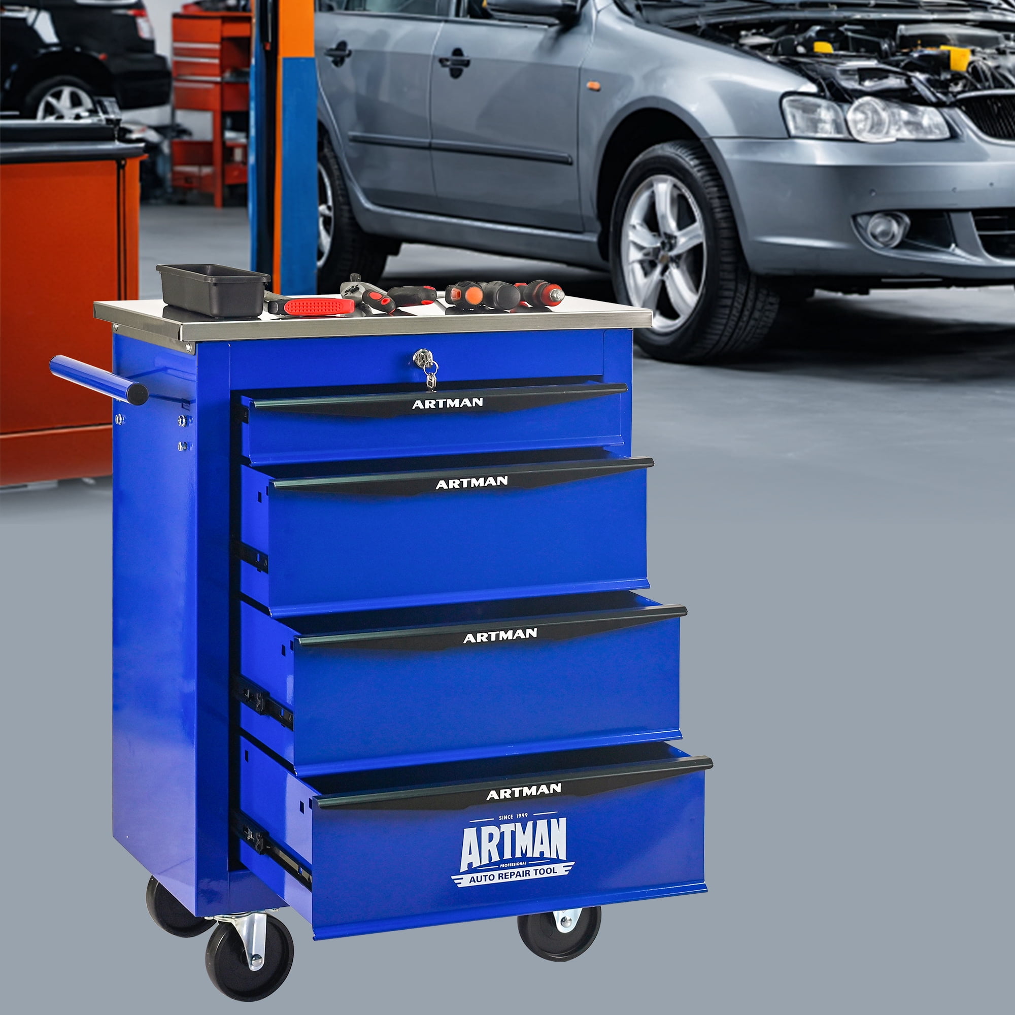 ARTMAN 4 Drawers Steel Storage Rolling Tool Chest Cabinet Cart with Wheels and Stainless Steel Roof for Workshop Garage Warehouse