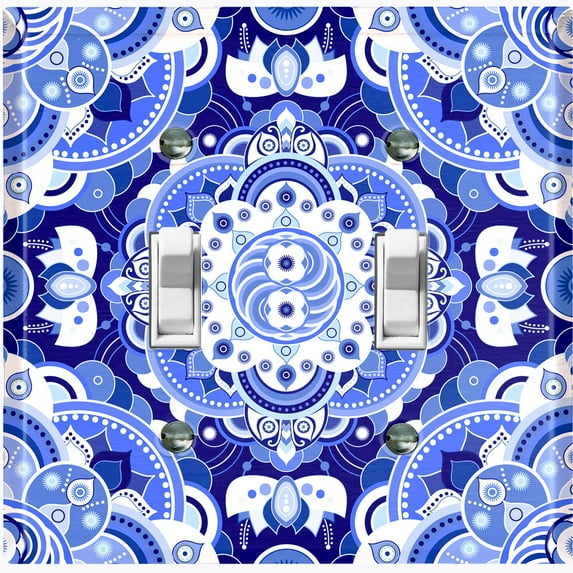 Metal Light Switch Plate Cover Mandala Blue White Floral Tile Pattern Damask MDL083