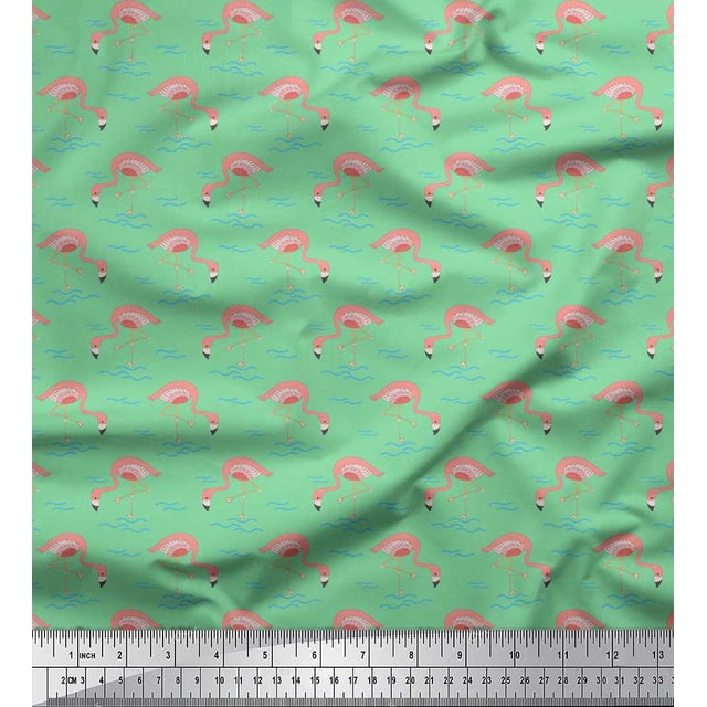Soimoi Green Poly Georgette Fabric Flamingo Bird Decor Fabric Printed Yard 42 Inch Wide