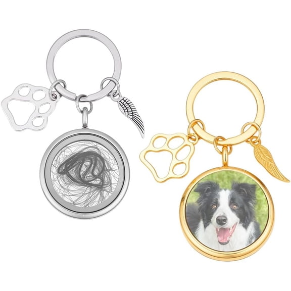 2 Pcs 2 Colors Pet Personalized Picture Keychain 2.36inch Pet Memorial Photo Pet Portrait Locket Keychain with Alloy Rings for Dog Cat Sympathy Gift Gray