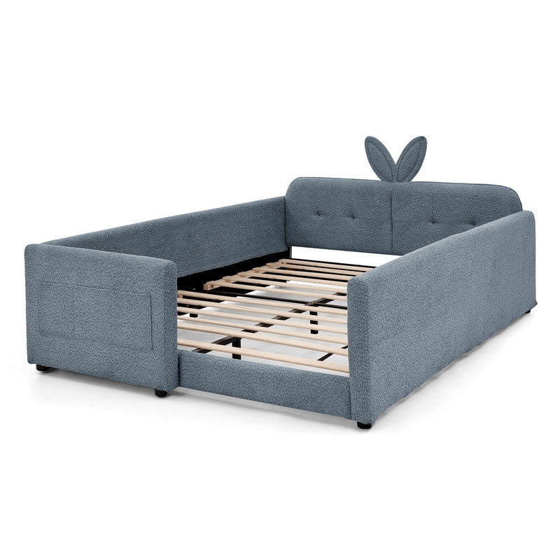 Full Size Upholstered Platform Bed with Rabbit Ear Shaped Headboard, Boucle Fabric Kids Bed with Side Pockets and Safety Guardrail, Space-Saving Corner Bed for Girls, Boys, Teenager