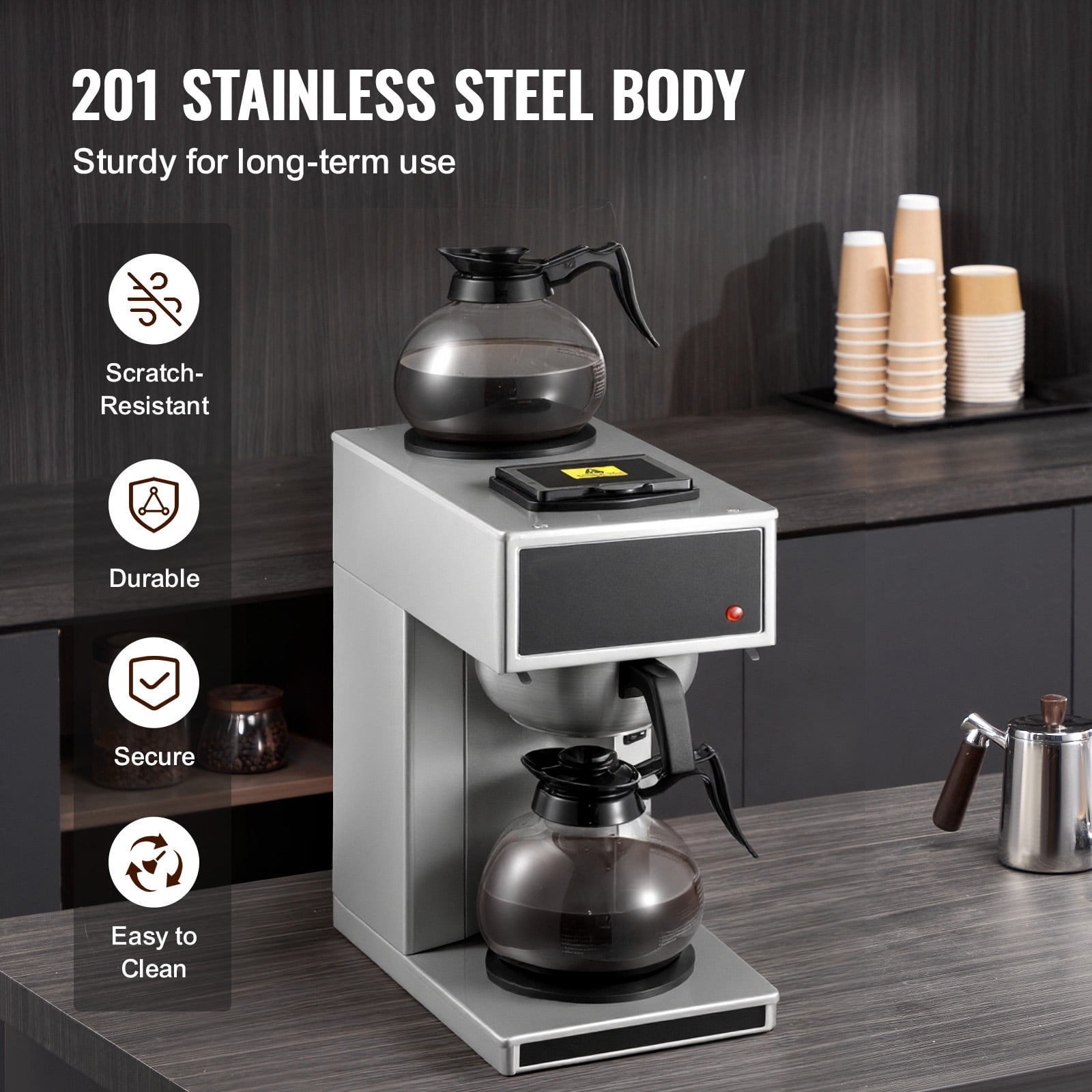 KFFKFF Commercial Drip Coffee Maker, 12-Cup Machine with Dual Glass Carafes and Two Warming Plates, Stainless Steel Brewer for Restaurants, Offices, Cafes, and Homes