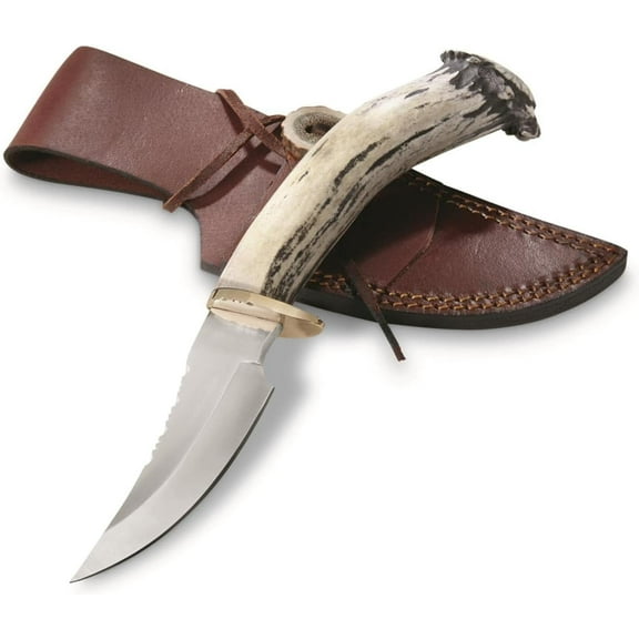 SZCO Supplies 9" Deer Antler Skinner – Full-Tang Fixed Blade Outdoor Knife with Leather Sheath