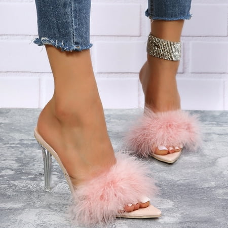 

Womens Slip on Open Toe Fluffy Stiletto Heel Shoes Prom Wedding Dress Pumps
