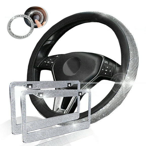Leather Car Steering Wheel Cover Diamond Crystal With Bling Crystal Car License Plate Frame White