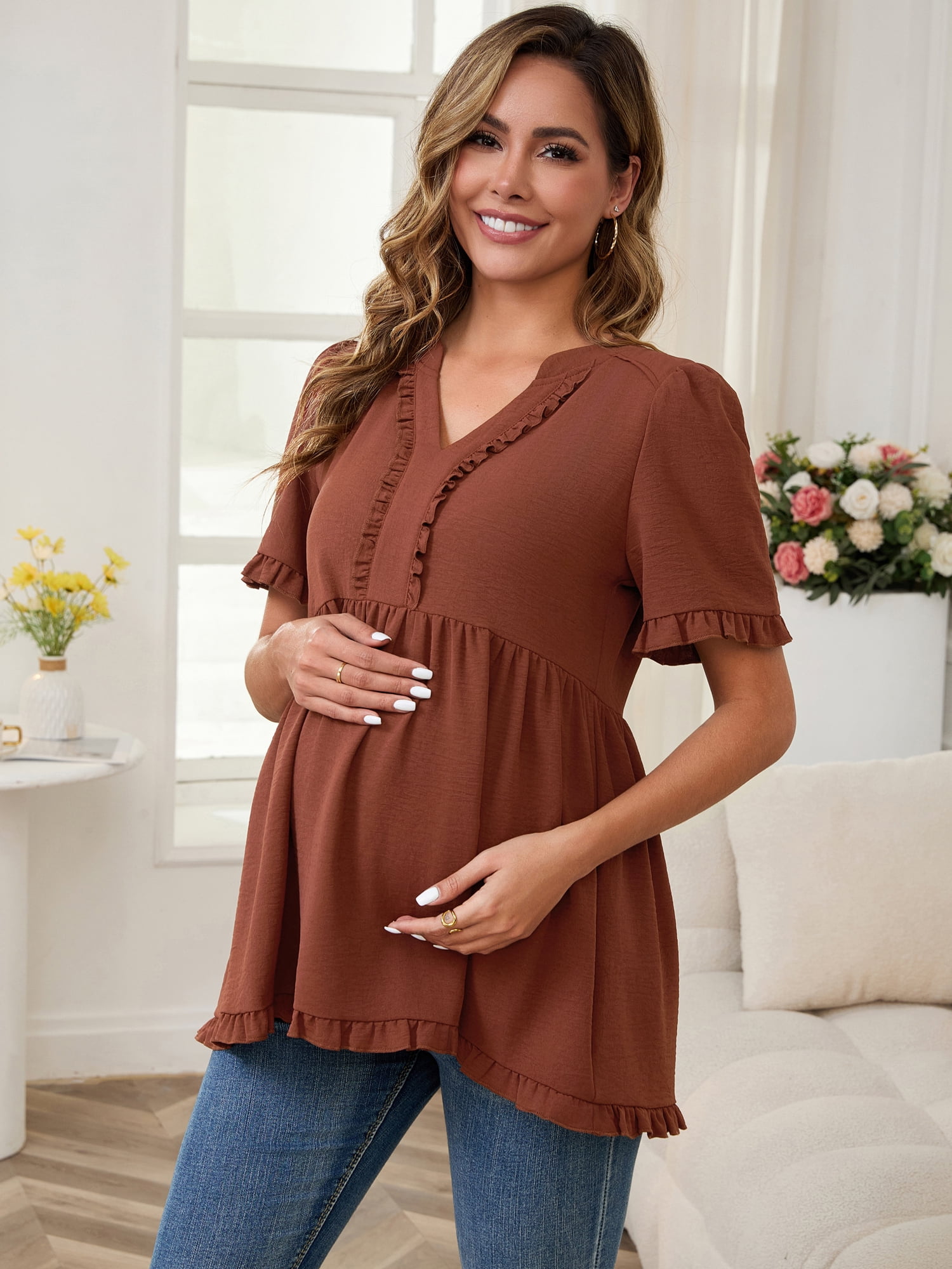 DARING DIVA Women's Boho Ruffled V Neck Short Sleeve Maternity Tops L Brown