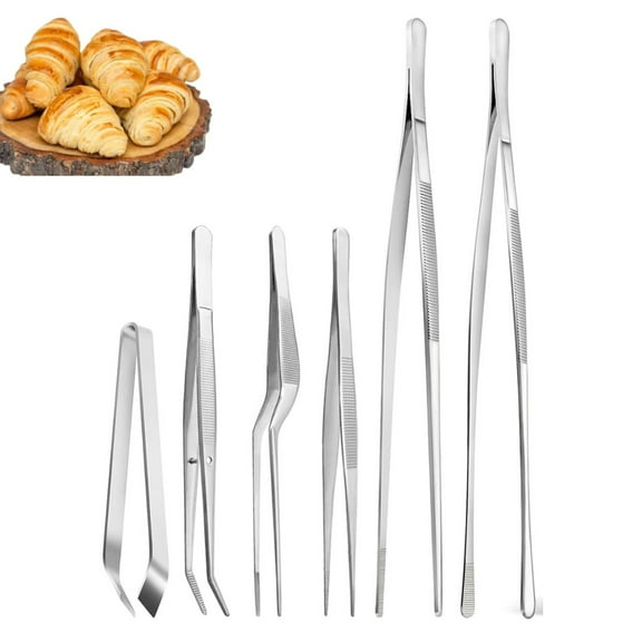 6 Pcs Kitchen Fine Tweezers Tongs, Stainless Steel Food Tongs Set, Professional Kitchen Long Tongs for Cooking,Repairing,Sea food,BBQ,Multi-use